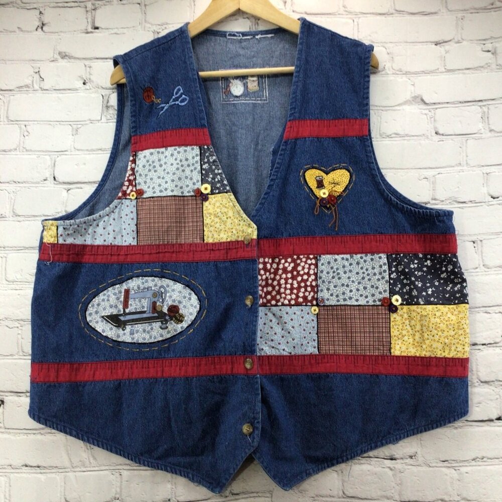 Vtg 80's Denim Vest Womens Sz‎ XL Sewing Theme Cottage Core Kitschy Grannycore